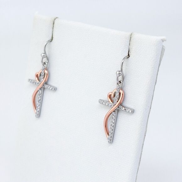Vintage Sterling Silver Rose Gold Plated Cubic Zirconia Cross Dangle Earrings - Picture 3 of 6